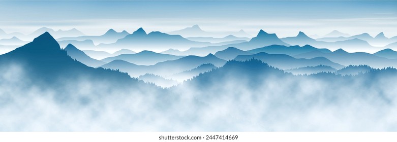 Mountain ranges in the fog, panoramic view, vector illustration