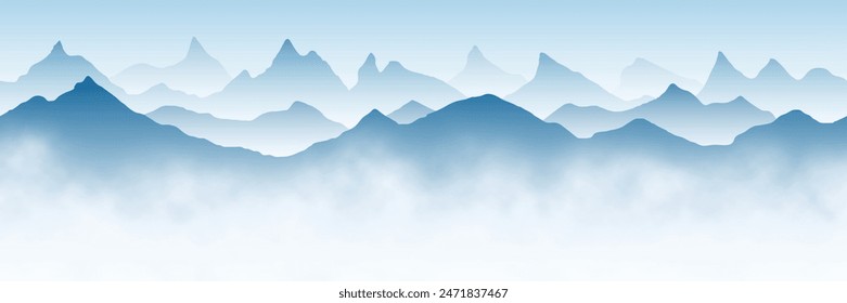 Mountain ranges in the fog, panoramic view, vector illustration