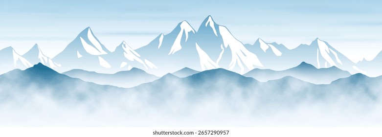 Cordilheiras na neblina, vista panorâmica, ilustração vetorial