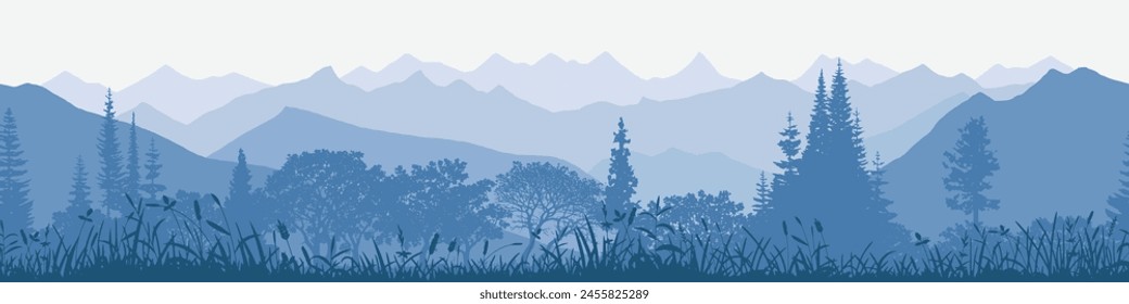 Mountain ranges and forest in the morning mist, seamless border, panoramic view, vector illustration