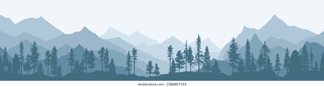 Mountain ranges and forest in the morning mist, panoramic view, vector illustration