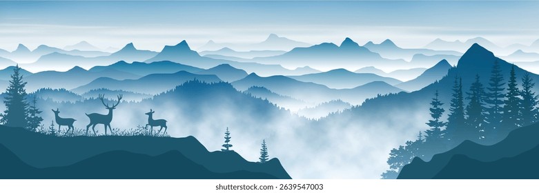 Mountain ranges and forest in the morning mist, deer, panoramic view, vector illustration