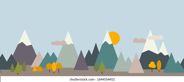 Mountain ranges panoramic seamless banner. High peak sierra, mounts, rocks pattern. Wildlife natural landscape minimal wallpaper. Camping, backpacking, hiking, active tourism, adventure background