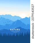 Mountain ranges and rocks. Coniferous forest. Foggy landscape in blue tones. Tourism concept. Design for banner, background, web page, cover, brochure. Vector illustration.
