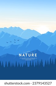 Mountain ranges and rocks. Coniferous forest. Foggy landscape in blue tones. Tourism concept. Design for banner, background, web page, cover, brochure. Vector illustration.