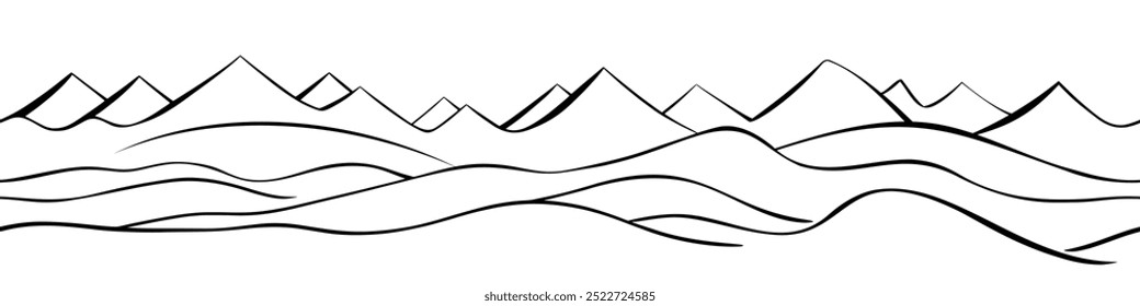 Mountain ranges, seamless border, vector background, minimalism, imitation pencil drawing
