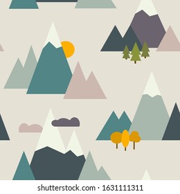 Mountain ranges seamless pattern. High peak sierra print. Mounts, rocks motif. Wildlife, natural landscape wallpaper. Camping, backpacking, hiking, active tourism, adventure background. Vector graphic