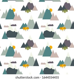 Mountain ranges seamless pattern. High peak sierra print. Mounts, rocks motif. Wildlife, natural landscape wallpaper. Camping, backpacking, hiking, active tourism, adventure background. Vector graphic