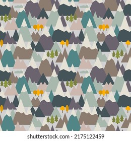 Mountain Ranges Seamless Pattern. High Peak Sierra Print. Mounts, Rocks Motif. Wildlife, Natural Landscape Wallpaper. Camping, Backpacking, Hiking, Active Tourism, Adventure Background. Vector Graphic