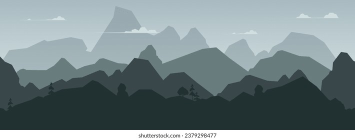 Siluetas de cordilleras. Panorámico paisaje de la cima de la cordillera negra con cima y pico, senderismo y escalada topografía alpina silvestre. Conjunto aislado de vectores de silueta de montaña negra