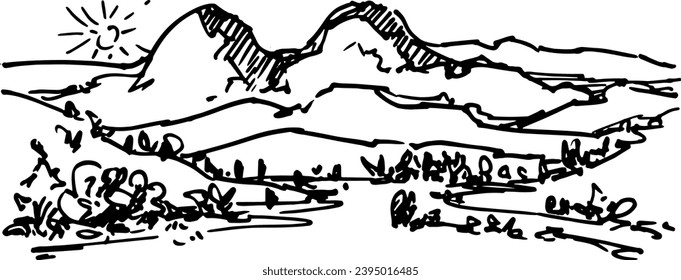 Mountain ranges and tree sketch. Vector illustration isolated on white background. Doodle drawing landscape