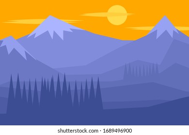 Mountain ranges view landscape with pine in blue color tones.
