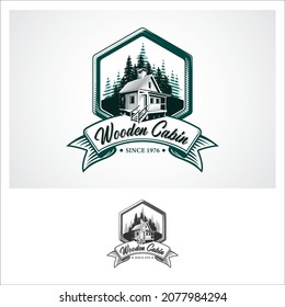 Mountain recreation and cabin rentals logo template. Wooden Cabin Silhouette vector illustration with pines tree background.