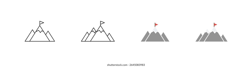Mountain with red flag icons in flat and outline vector styles. Achievement and goal reaching symbol collection