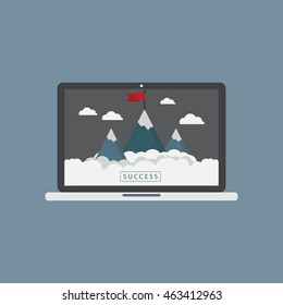 Mountain and red flag on Laptop Success business concept vector design