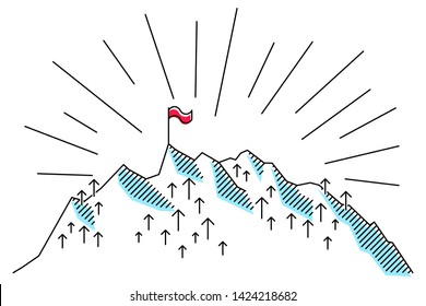Mountain with red flag on top, simple clean conceptional line vector illustration, metaphor for success, reaching goals, positivity