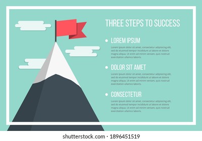 Mountain With Red Flag And And Place For Your Text, Three Steps To Success, Vector Eps10 Illustration