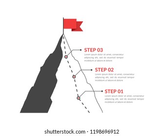 Mountain with red flag and with route to the top, three steps to success, vector eps10 illustration