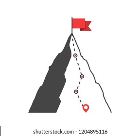 Mountain with red flag and with route to the top, vector eps10 illustration