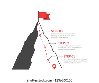 Montaña con bandera roja y con ruta hacia la parte superior, tres pasos hacia el éxito, vectorial eps10 ilustración