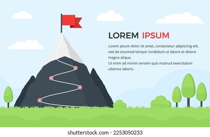 Mountain with red flag and with route to the top with four steps with place for your text, landscape with mountain and trees on the blue sky background, vector eps10 illustration