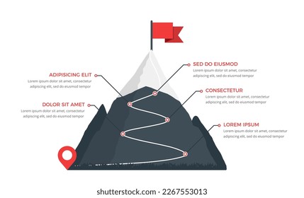 Mountain with red flag and with route to the top with five steps, vector eps10 illustration