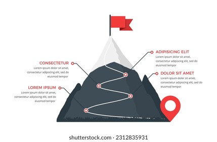 Mountain with red flag and with route to the top with four steps, vector eps10 illustration