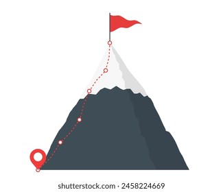 Mountain with red flag and route to the top, vector eps10 illustration