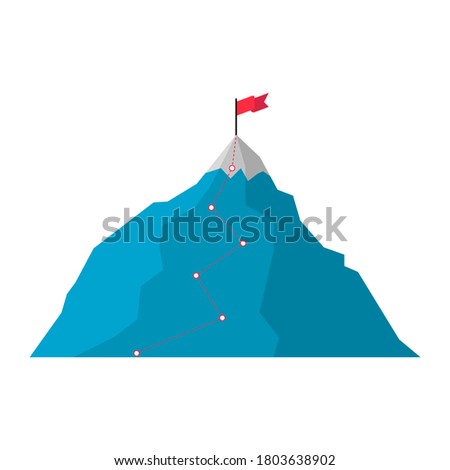 Mountain with red flag and with route to the top. Road to goal , move up, motivation. Path to the target's achievement