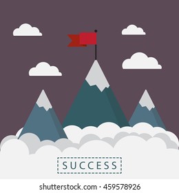 Mountain and red flag that show the concept of success in business vector background design