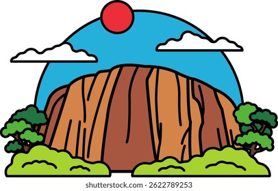 A mountain with a red sun in the sky. The mountain is brown and the sky is blue