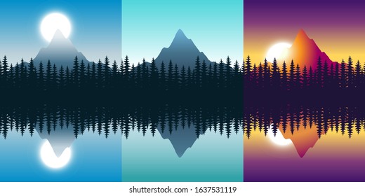 Mountain reflected in the lake at different times of the day, sunset, sunrise, full moon. Vector banners set with polygonal landscape illustration. Flat design
