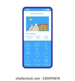 Mountain resort booking application smartphone interface vector template. Mobile app blue design layout. Ski hotel search, order flat UI. Winter accomodation reservation page screen. Phone display