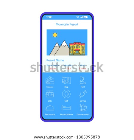 Mountain resort booking application smartphone interface vector template. Mobile app blue design layout. Ski hotel search, order flat UI. Winter accomodation reservation page screen. Phone display