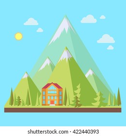 Mountain resort, landscape with pine trees in flat style, eco scene, vector illustration