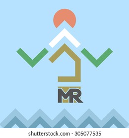 Mountain resort logo in simple minimal style. Flat landscape: sun, mountain, house, blue waves