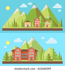 Mountain resorts, landscapes with pine trees in flat style, eco scene, vector illustration set