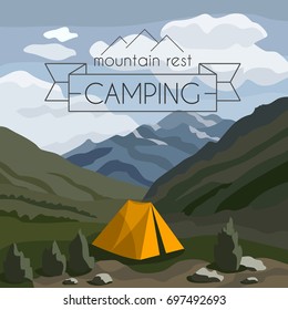 Mountain Rest, Camping landscape with mountains, hills, trees, clouds ans yellow Tent. Summer active holidays concept. Vector illustration