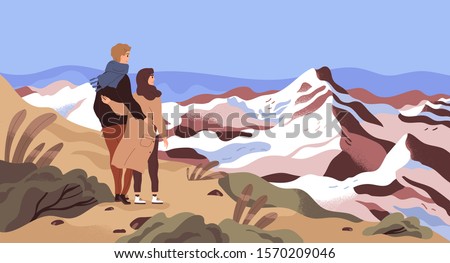 Mountain rest flat vector illustration. Enamored couple, tourists, holiday makers admiring scenery cartoon characters. Travelling, outing, world watching. Opening new horizons concept.