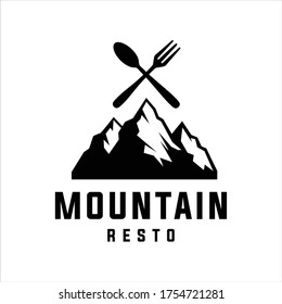 Diseño de la plantilla del logotipo de un restaurante de montaña en la ilustración de vectores, viaje divertido al aire libre comida de insignia de época negra diseño del logotipo de un café