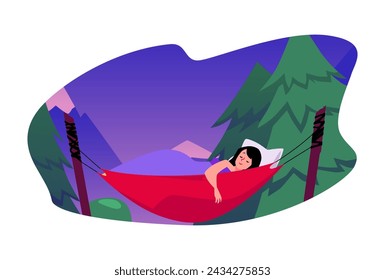 Mountain retreat scene. Vector illustration of an individual resting in a red hammock among pine trees with a purple dusk sky