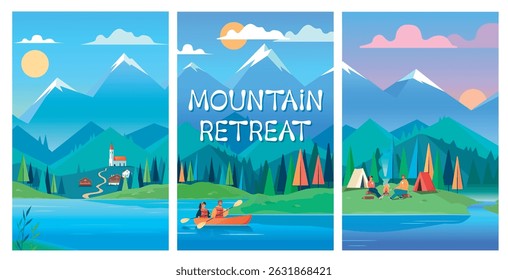 Mountain retreat summer poster set. Colorful mountains landscape vector illustration