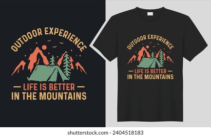 mountain retro Camping, hiking, outdoor adventure graphic vector illustration typography text for t shirt design, prints, poster. Summer travel badge 