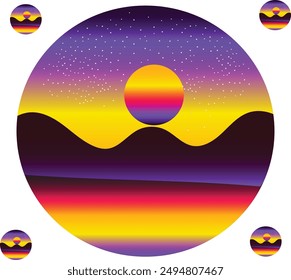 mountain Retro Sunset circle background purple yellow red color gradiant