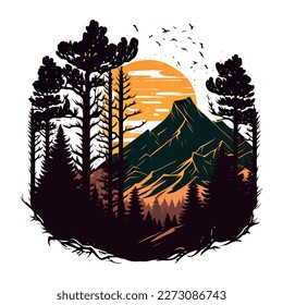Mountain Retro Vintage Sunset vector illustration. The mountain symbolizes nature, peace, calm, and T-shirt Design.