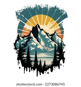 Mountain Retro Vintage Sunset Vektorgrafik. Der Berg symbolisiert Natur, Frieden, Ruhe und T-Shirt Design.