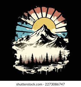 Mountain Retro Vintage Sunset vector illustration. The mountain symbolizes nature, peace, calm, and T-shirt Design.