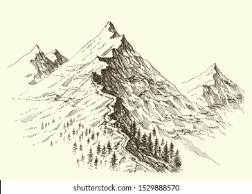 Mountain ridge hand drawing. Alpine panorama landscape