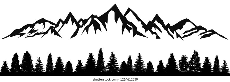 Mountain ridge with many peaks and the forest at the foot - stock vector