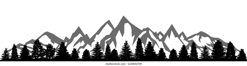 Mountain ridge with many peaks and the forest at the foot - vector